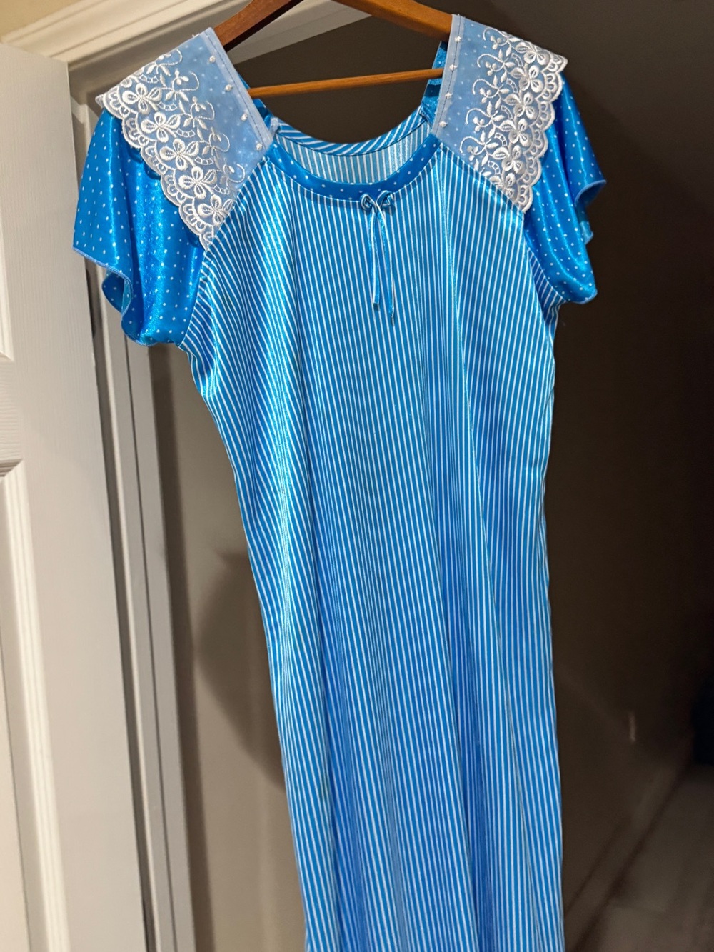 Vintage Nylon Striped Nightgown with Lace Yoke.
